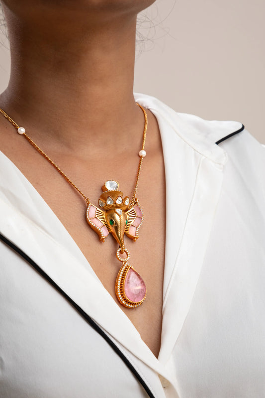 Indowestern Elephant Pendant Pink Accent Gold Polish Finish Adjustable 20 Inches