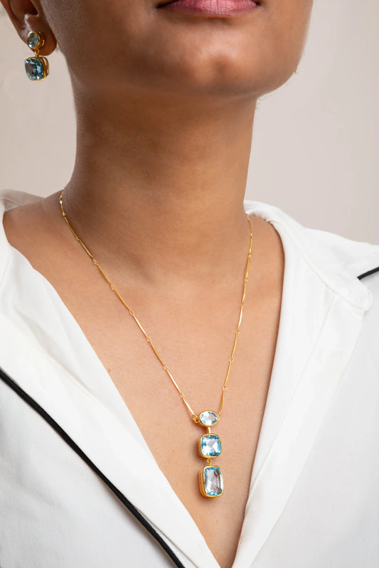 Brass Necklace with Blue Topaz Stone Gold Polish Finish Adjustable 18 Inches