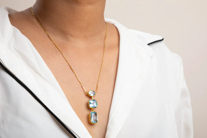 Brass Necklace with Blue Topaz Stone  Gold Polish Finish  Adjustable  18 Inches