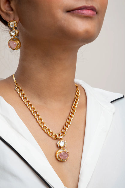 Indowestern Pendant Set with Pink Stone  Gold Polish Finish  Adjustable  18 Inches