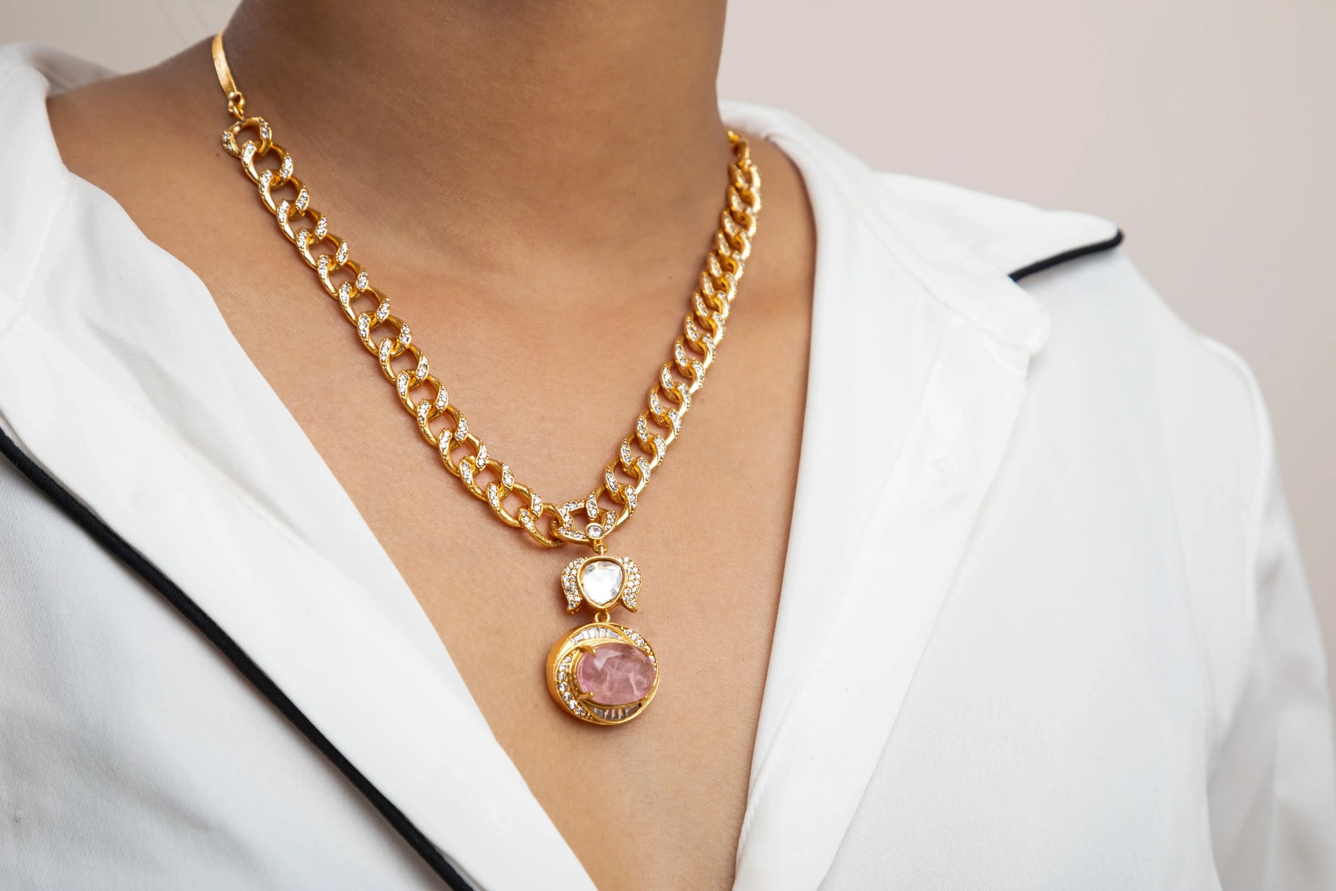 Indowestern Pendant Set with Pink Stone Gold Polish Finish Adjustable 18 Inches