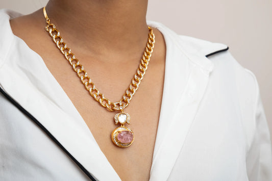 Indowestern Pendant Set with Pink Stone Gold Polish Finish Adjustable 18 Inches