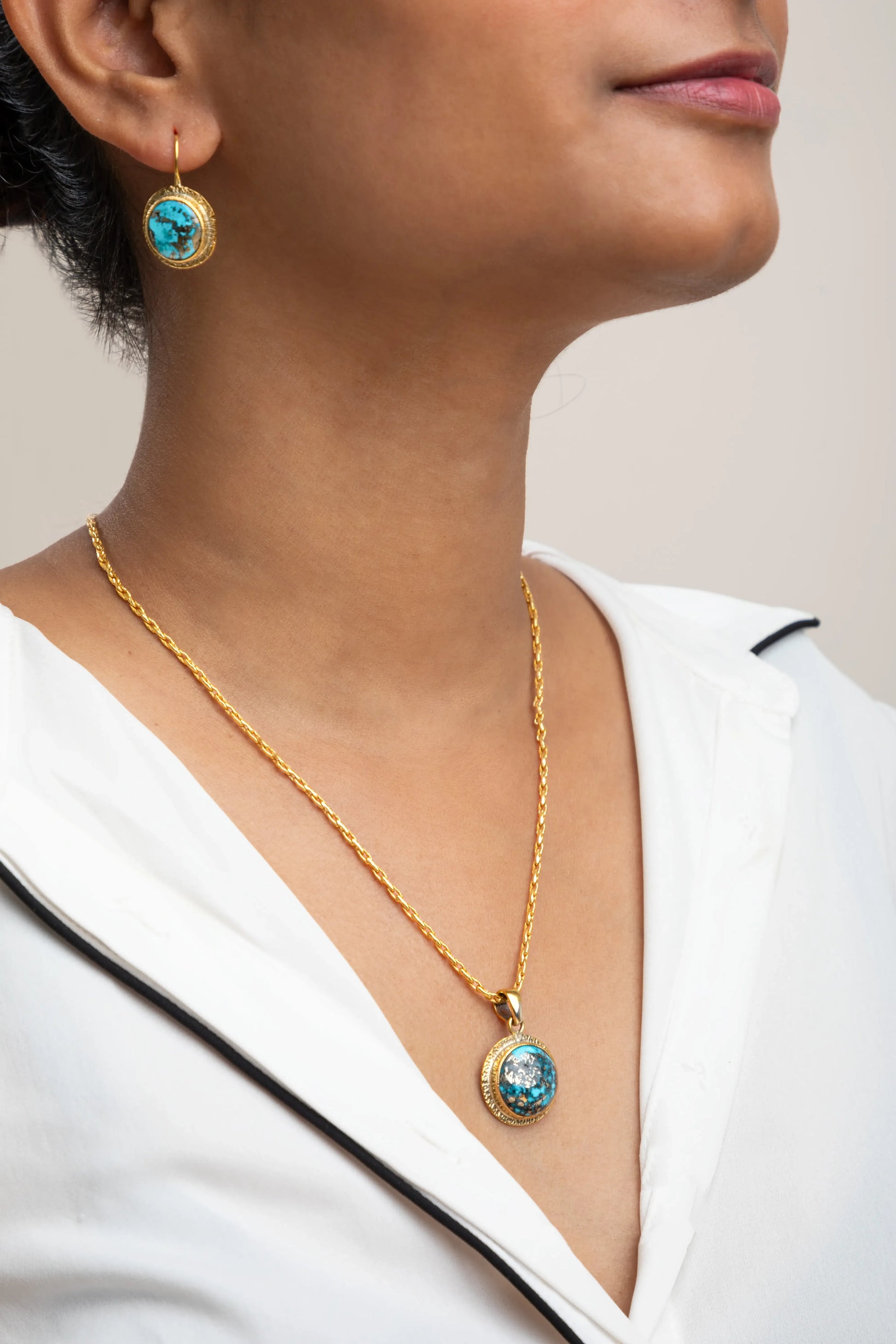 Brass Necklace with Turquoise Stone Gold Polish Finish Adjustable 2 Inches