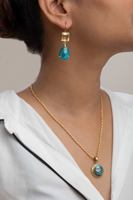 Brass Necklace with Turquoise Stone Gold Polish Finish Adjustable 3 Inches