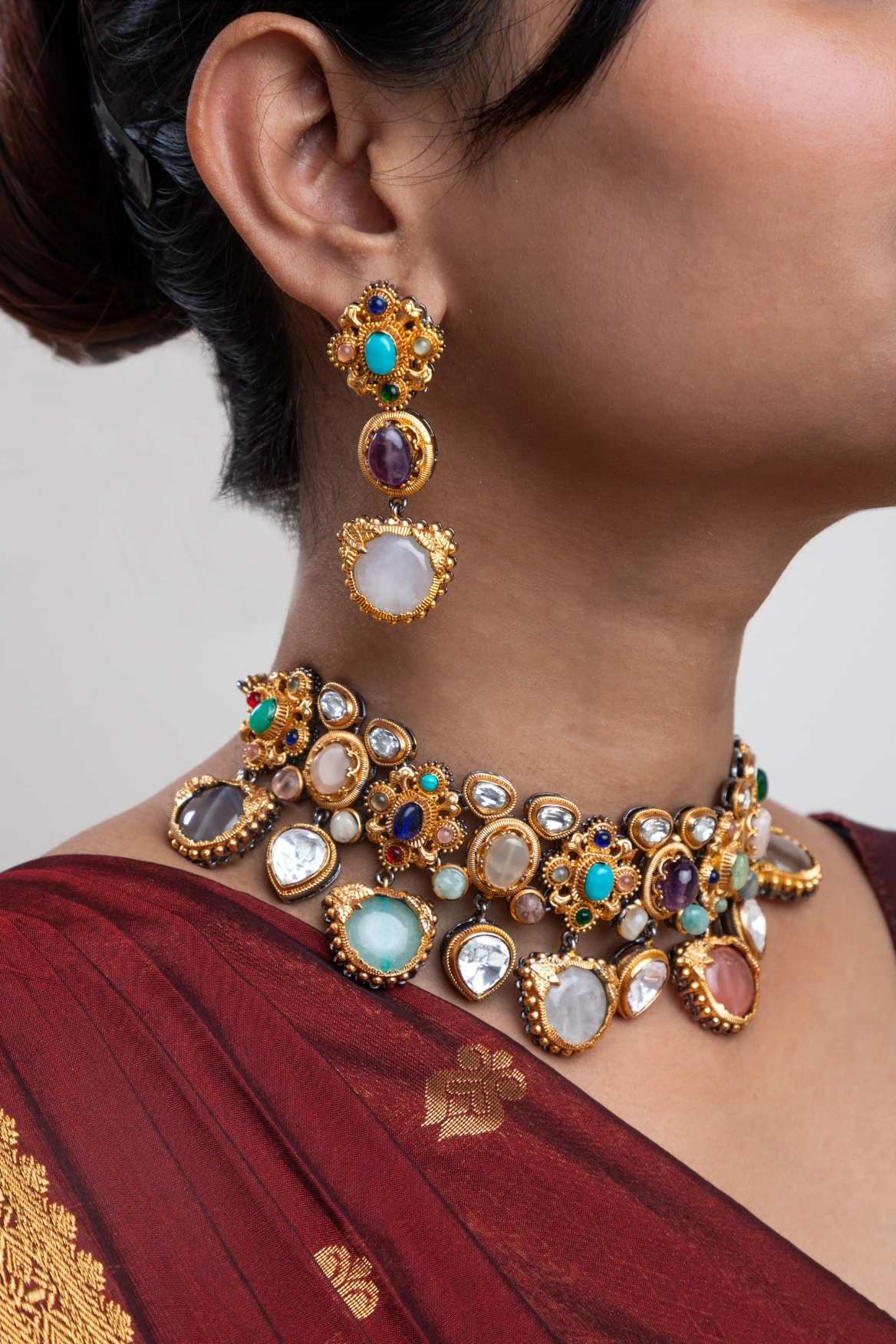 Indo-Western Choker Necklace with Multi-Colored Semi-Precious Stones Antique Gold Polish Adjustable Chain