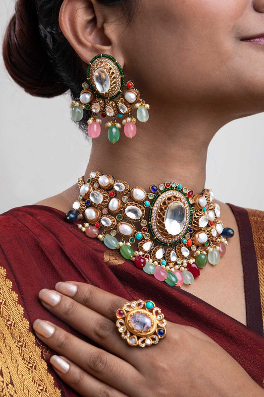 Indo-Western Choker Necklace with Multi-Colored Semi-Precious Stones Antique Gold Polish Adjustable Chain