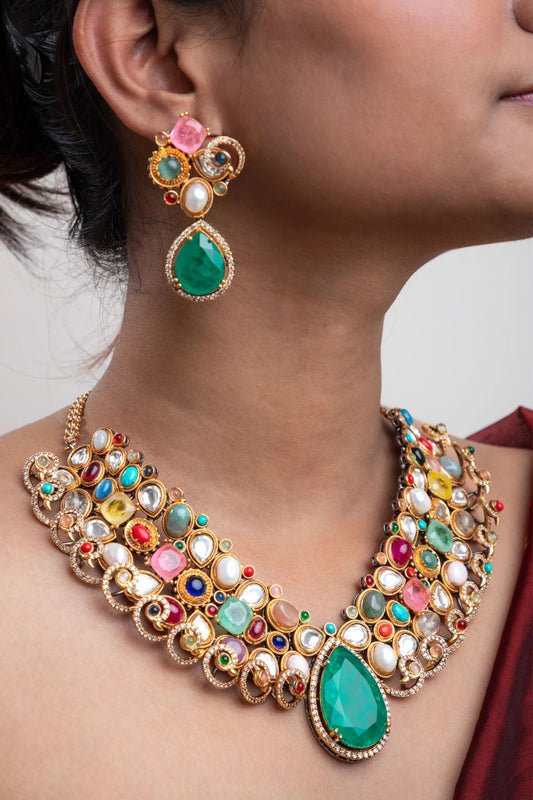 Indo-Western Choker Necklace with Multi-Colored Semi-Precious Stones Antique Gold Polish Adjustable Chain