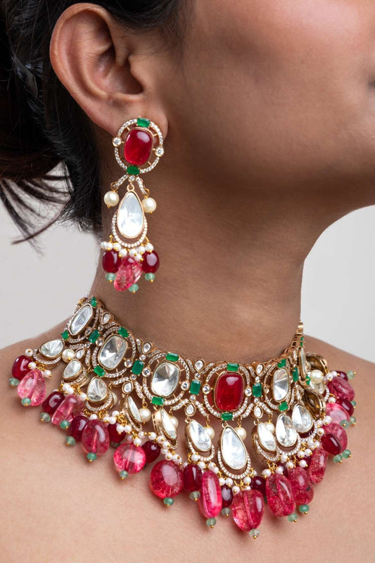 Indo-Western Choker Necklace with Ruby Red Semi-Precious Stone Matt Gold Polish Adjustable Thread