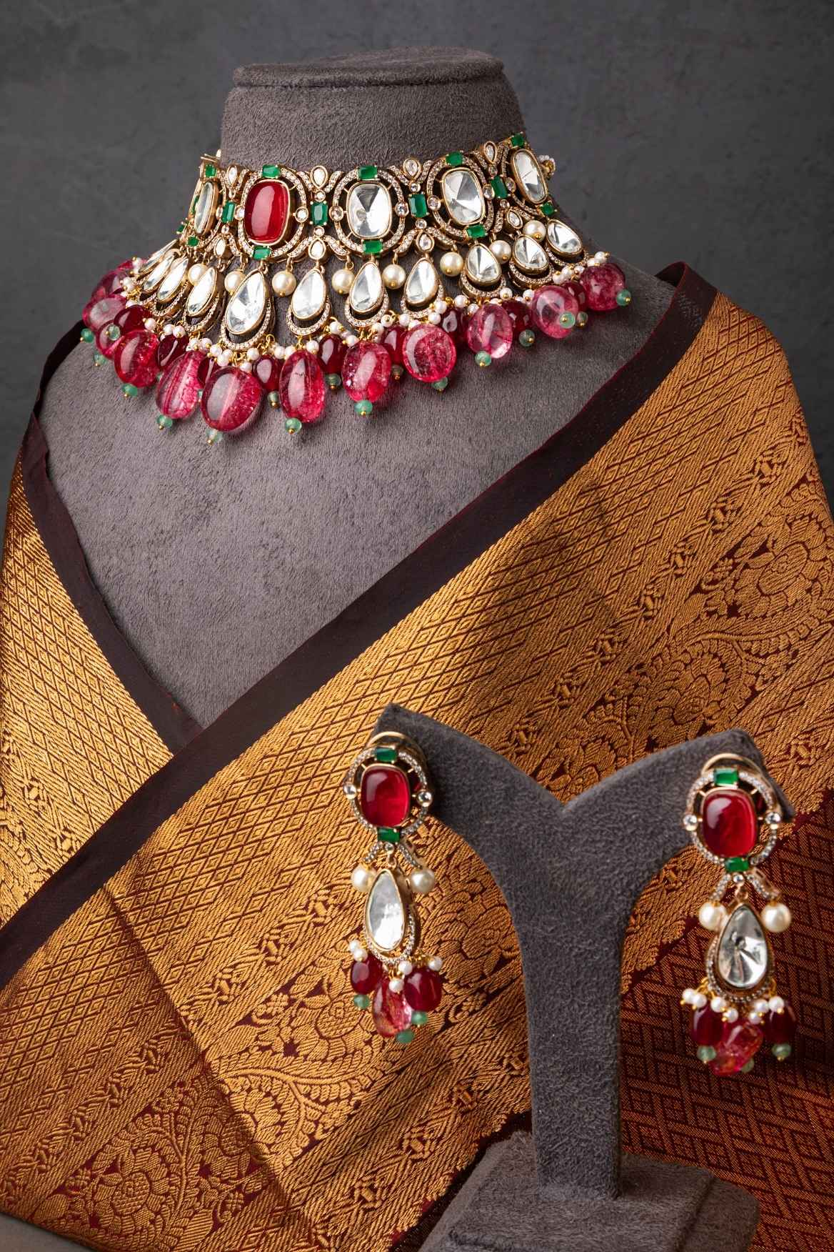 Indo-Western Choker Necklace with Ruby Red Semi-Precious Stone  Matt Gold Polish  Adjustable Thread
