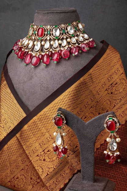 Indo-Western Choker Necklace with Ruby Red Semi-Precious Stone  Matt Gold Polish  Adjustable Thread