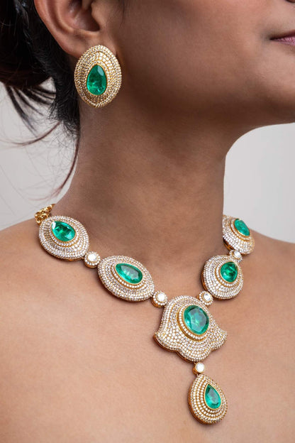 Indo-Western Long Necklace with Green Stone Matt Gold Polish 18-Inch Adjustable Chain