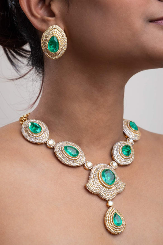 Indo-Western Long Necklace with Green Stone Matt Gold Polish 18-Inch Adjustable Chain