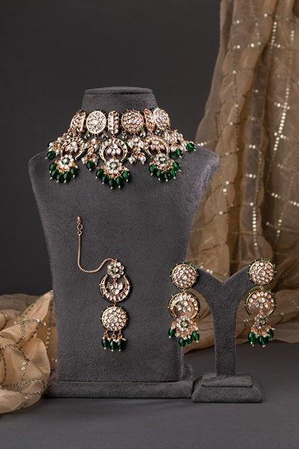 Kundan Choker Necklace with Green Stone  Gold Polish  Adjustable Thread  Traditional Jewellery