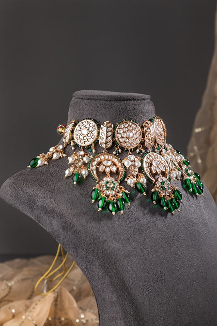 Kundan Choker Necklace with Green Stone  Gold Polish  Adjustable Thread  Traditional Jewellery
