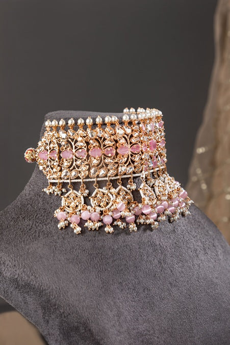 Kundan Choker Necklace in Pastel Pink Gold Polish Adjustable Thread Bridal Jewellery