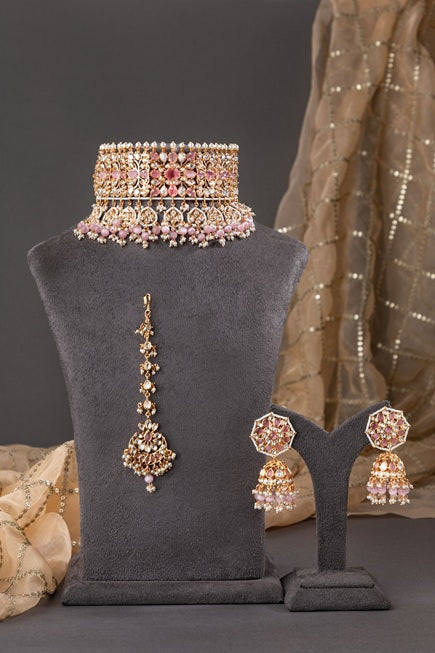Kundan Choker Necklace in Pastel Pink  Gold Polish  Adjustable Thread  Bridal Jewellery