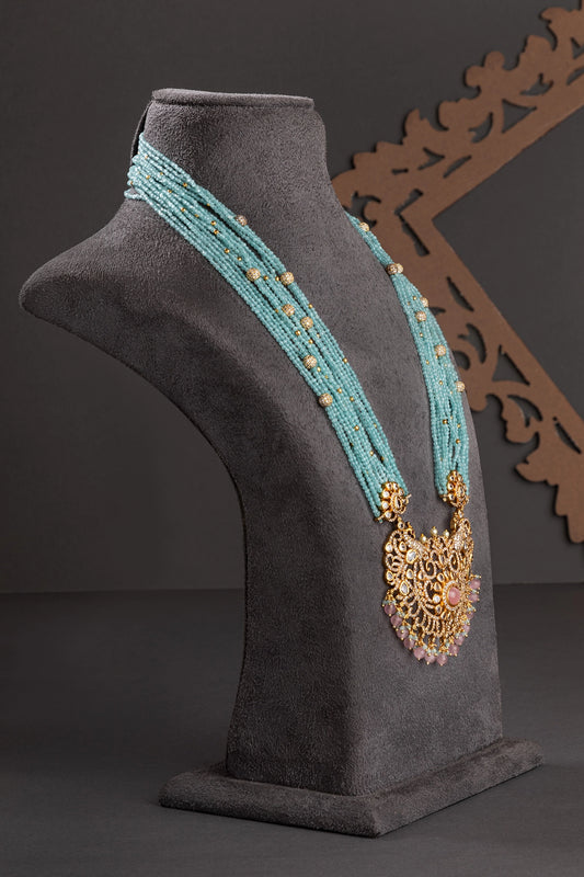 Uncut Diamond Pendant Set with Monalisa Blue Beaded Strings  Gold Polish  24-Inch Adjustable Jewellery