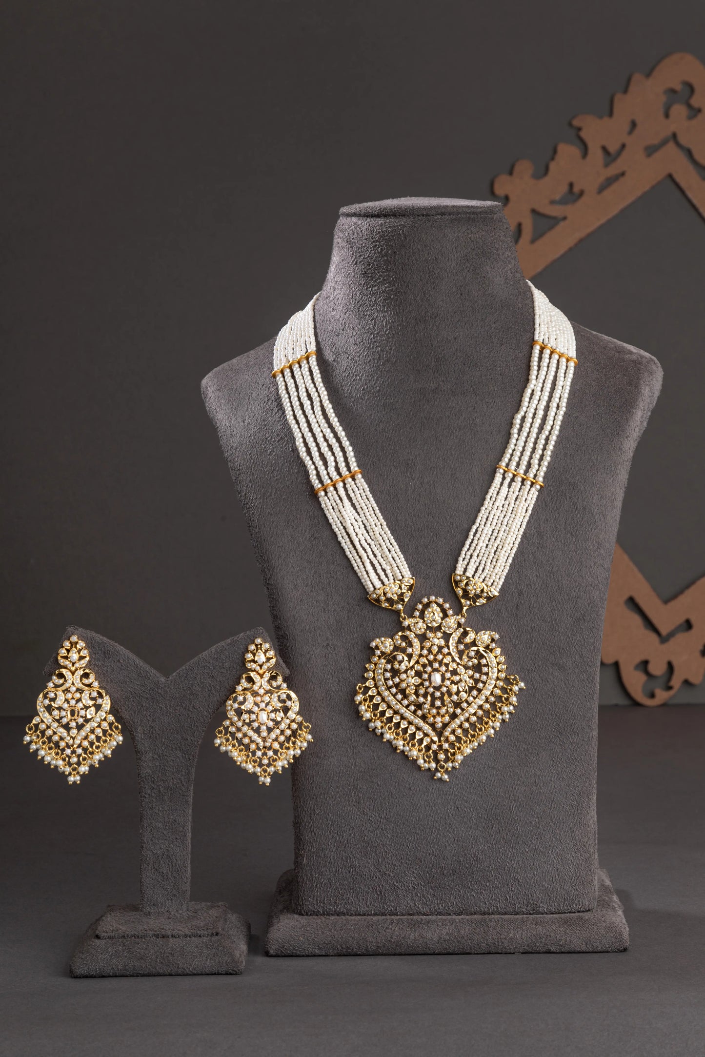 Amritsari Long Necklace with Pearl Stone & Jhumkis Gold Polish 24-Inch Adjustable Thread
