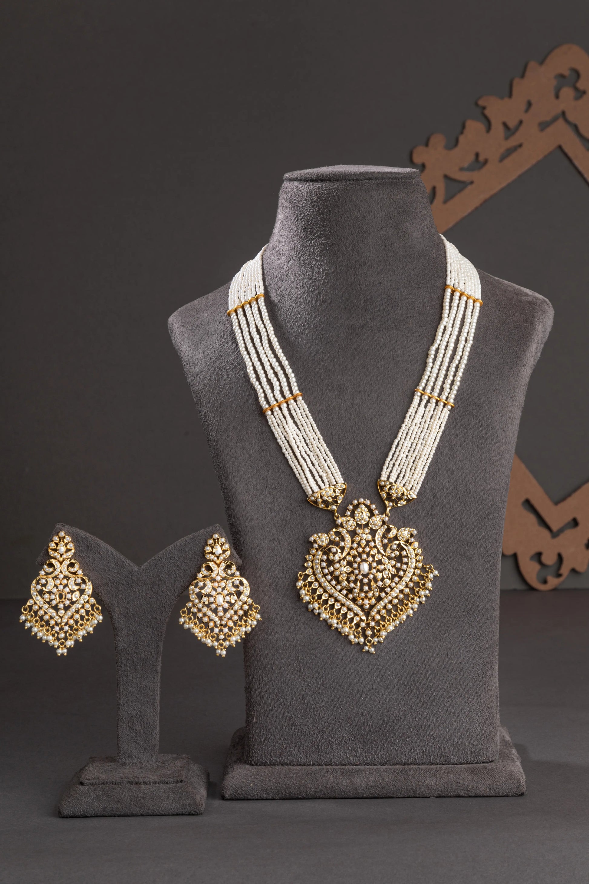 Amritsari Long Necklace with Pearl Stone & Jhumkis Gold Polish 24-Inch Adjustable Thread