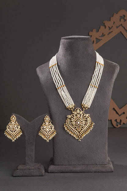 Amritsari Long Necklace with Pearl Stone & Jhumkis Gold Polish 24-Inch Adjustable Thread