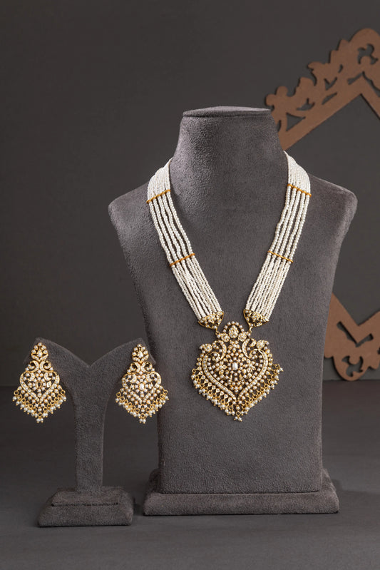 Amritsari Long Necklace with Pearl Stone & Jhumkis Gold Polish 24-Inch Adjustable Thread