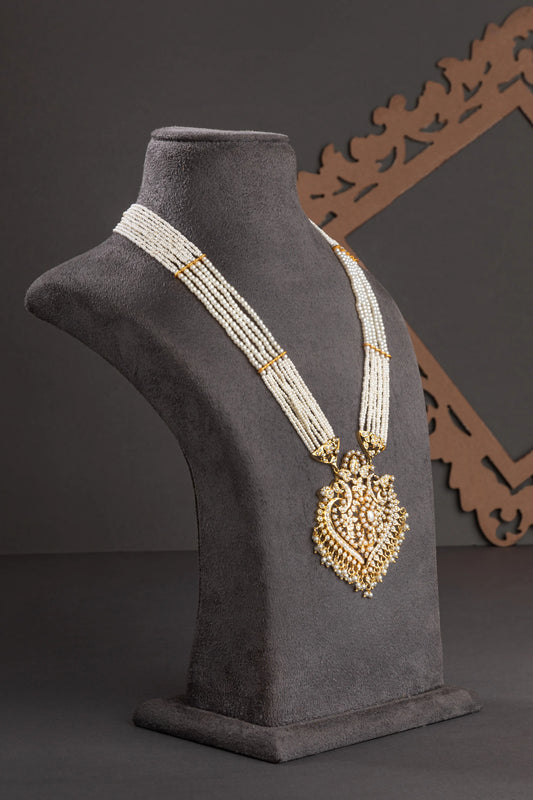 Amritsari Long Necklace with Pearl Stone & Jhumkis  Gold Polish  24-Inch Adjustable Thread