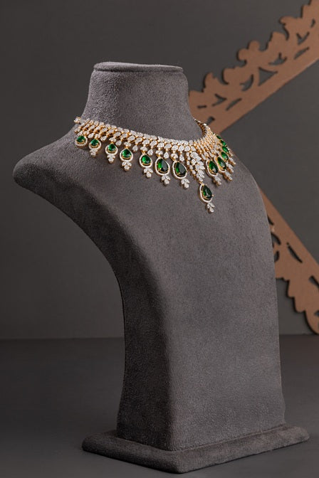 Bridal Necklace in American Diamonds & Green Stone  White Rhodium & Gold Polish  Tikka & Earrings Set