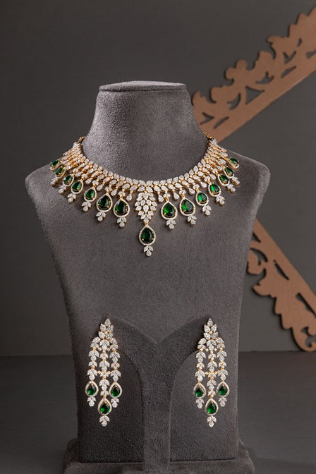 Bridal Necklace in American Diamonds & Green Stone  White Rhodium & Gold Polish  Tikka & Earrings Set