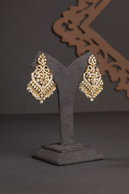 Amritsari Long Necklace with Pearl Stone & Jhumkis  Gold Polish  24-Inch Adjustable Thread