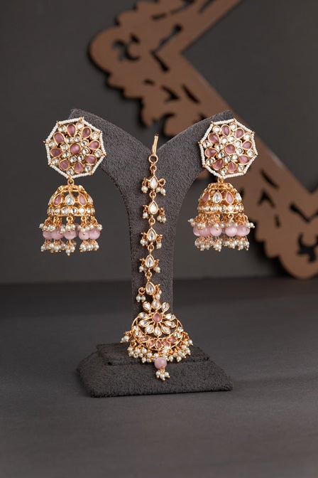 Kundan Choker Necklace in Pastel Pink  Gold Polish  Adjustable Thread  Bridal Jewellery