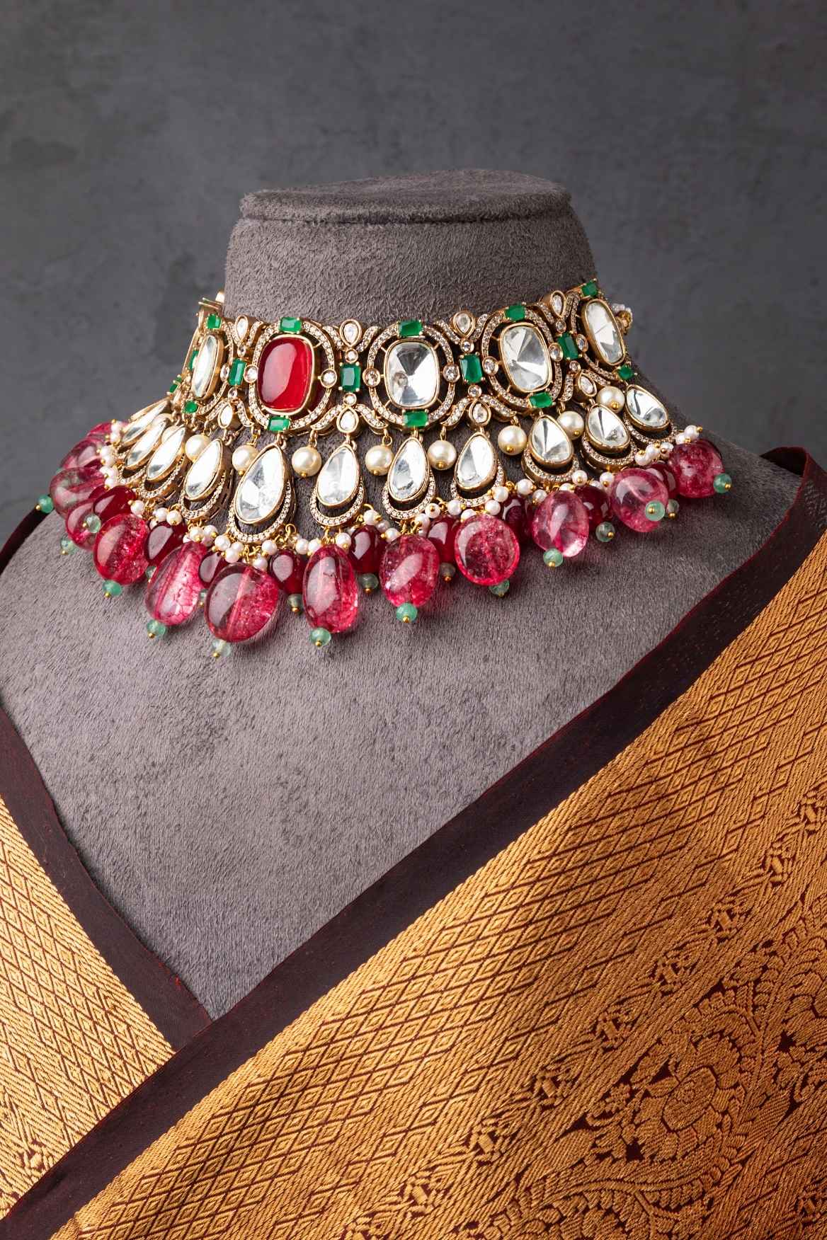 Indo-Western Choker Necklace with Ruby Red Semi-Precious Stone  Matt Gold Polish  Adjustable Thread