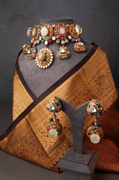 Indo-Western Choker Necklace with Multi-Colored Semi-Precious Stones  Antique Gold Polish  Adjustable Chain