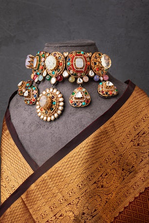 Indo-Western Choker Necklace with Multi-Colored Semi-Precious Stones Antique Gold Polish Adjustable Chain