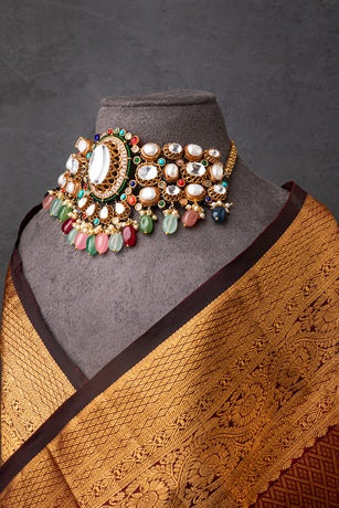 Indo-Western Choker Necklace with Multi-Colored Semi-Precious Stones  Antique Gold Polish  Adjustable Chain