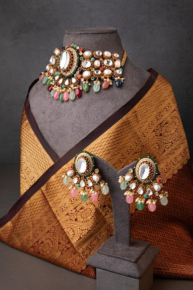 Indo-Western Choker Necklace with Multi-Colored Semi-Precious Stones  Antique Gold Polish  Adjustable Chain