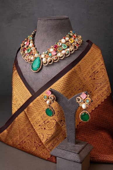 Indo-Western Choker Necklace with Multi-Colored Semi-Precious Stones  Antique Gold Polish  Adjustable Chain
