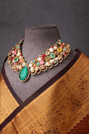 Indo-Western Choker Necklace with Multi-Colored Semi-Precious Stones  Antique Gold Polish  Adjustable Chain