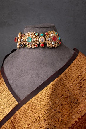 Indo-Western Choker Necklace with Multi-Colored Semi-Precious Stones  Antique Gold Polish  Adjustable Chain