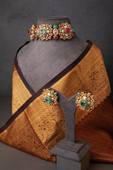 Indo-Western Choker Necklace with Multi-Colored Semi-Precious Stones  Antique Gold Polish  Adjustable Chain