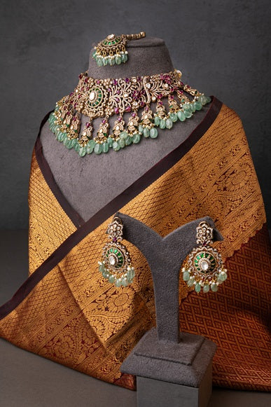 Kundan Polki Necklace with Pink Semi-Precious Stone  Matt Gold Polish  Adjustable Thread