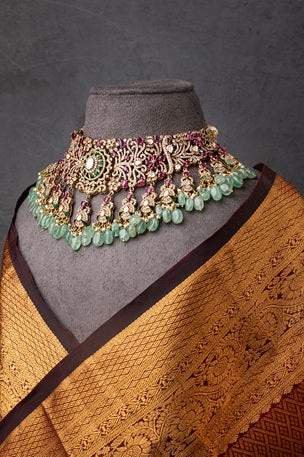 Kundan Polki Necklace with Pink Semi-Precious Stone  Matt Gold Polish  Adjustable Thread