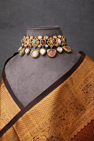 Indo-Western Choker Necklace with Multi-Colored Semi-Precious Stones  Antique Gold Polish  Adjustable Chain
