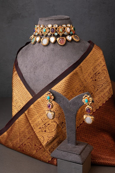 Indo-Western Choker Necklace with Multi-Colored Semi-Precious Stones  Antique Gold Polish  Adjustable Chain