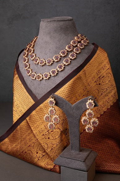 Indo-Western Long Necklace with Purple Stone Matt Gold Polish 16-Inch Adjustable Chain