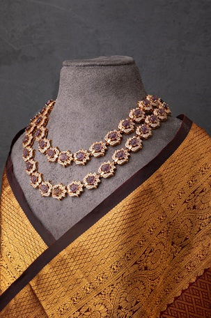 Indo-Western Long Necklace with Purple Stone  Matt Gold Polish  16-Inch Adjustable Chain