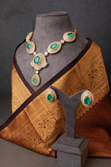 Indo-Western Long Necklace with Green Stone  Matt Gold Polish  18-Inch Adjustable Chain