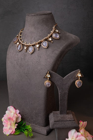 Indo-Western Choker Necklace with Purple Semi-Precious Stone Antique Gold Polish Adjustable Chain