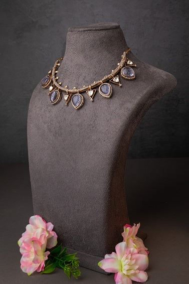 Indo-Western Choker Necklace with Purple Semi-Precious Stone  Antique Gold Polish  Adjustable Chain