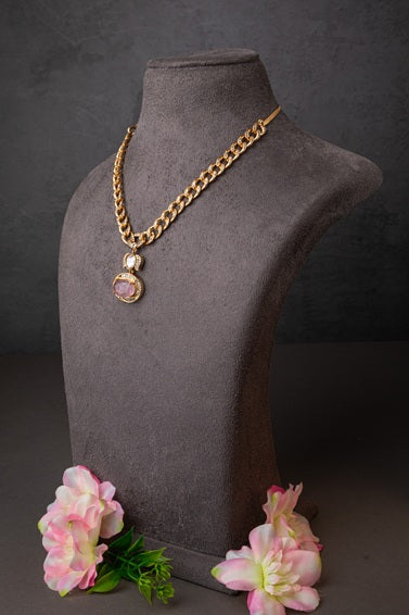Indowestern Pendant Set with Pink Stone  Gold Polish Finish  Adjustable  18 Inches