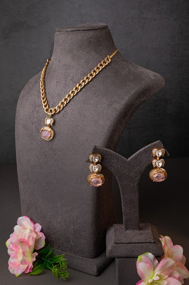 Indowestern Pendant Set with Pink Stone  Gold Polish Finish  Adjustable  18 Inches